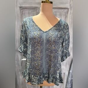 Lucky Brand Blue Floral Peasant/Boho Style Blouse (NWOT)